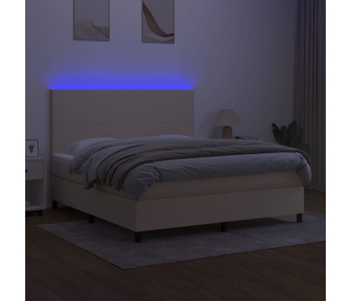 Cama box spring colchón y luces LED tela crema 160x200 cm