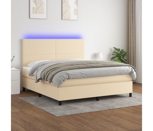 Cama box spring colchón y luces LED tela crema 160x200 cm