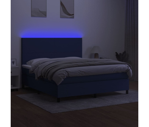 Cama box spring colchón y luces LED tela azul 160x200 cm