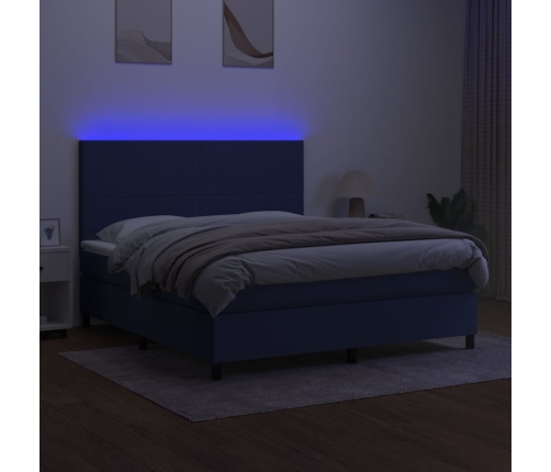 Cama box spring colchón y luces LED tela azul 180x200 cm