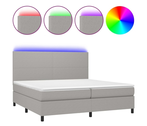 Cama box spring con colchón tela y LED gris claro 200x200 cm