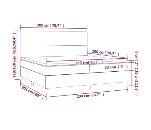 Cama box spring con colchón tela y LED gris claro 200x200 cm