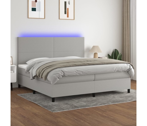 Cama box spring con colchón tela y LED gris claro 200x200 cm