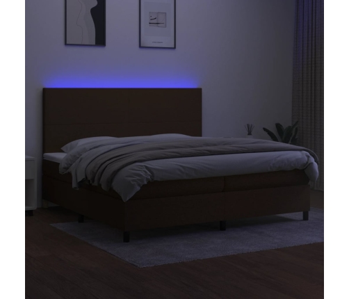 Cama box spring colchón luces LED tela marrón oscuro 200x200 cm