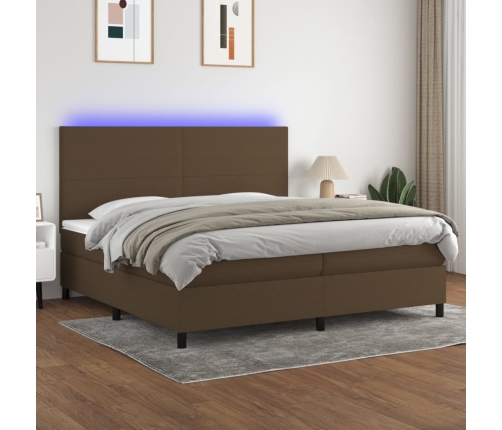 Cama box spring colchón luces LED tela marrón oscuro 200x200 cm