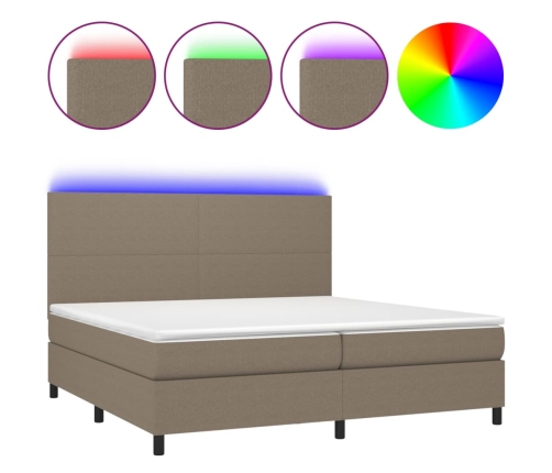 Cama box spring colchón y luces LED tela gris taupe 200x200 cm