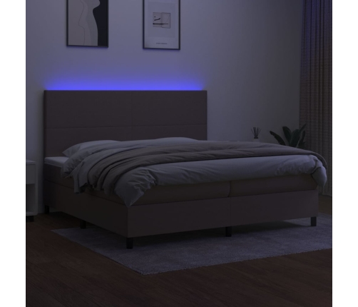 Cama box spring colchón y luces LED tela gris taupe 200x200 cm