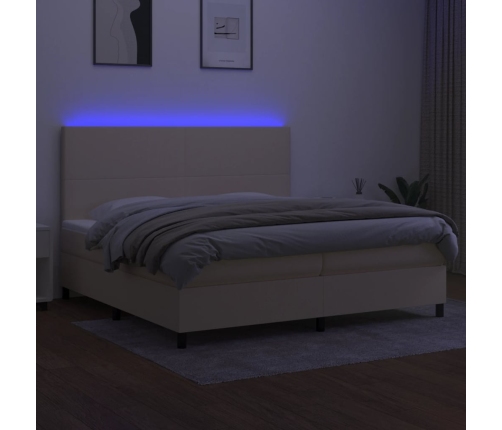 Cama box spring colchón y luces LED tela crema 200x200 cm