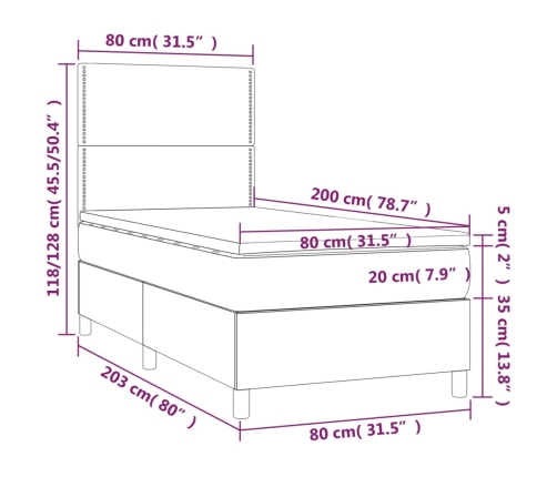 Cama box spring colchón y luces LED tela gris claro 80x200 cm