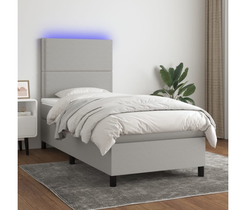 Cama box spring colchón y luces LED tela gris claro 80x200 cm