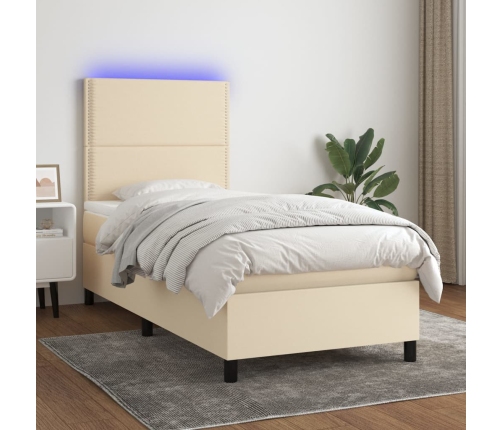 Cama box spring colchón y luces LED tela crema 80x200 cm