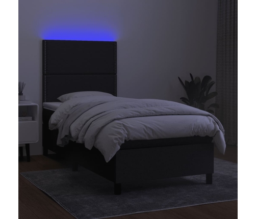 Cama box spring colchón y luces LED tela negro 90x190 cm