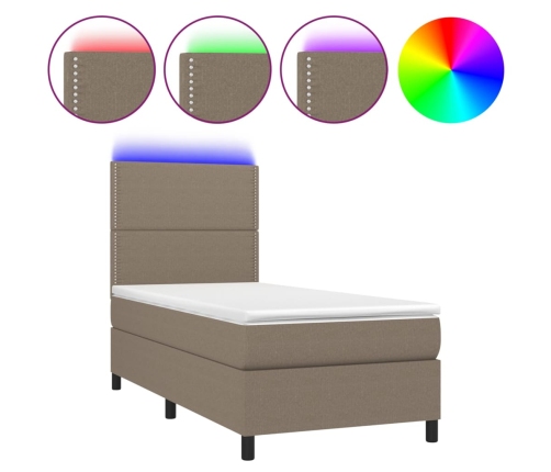 Cama box spring colchón y luces LED tela gris taupe 90x190 cm