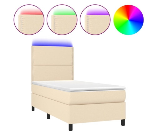 Cama box spring colchón y luces LED tela color crema 90x190 cm