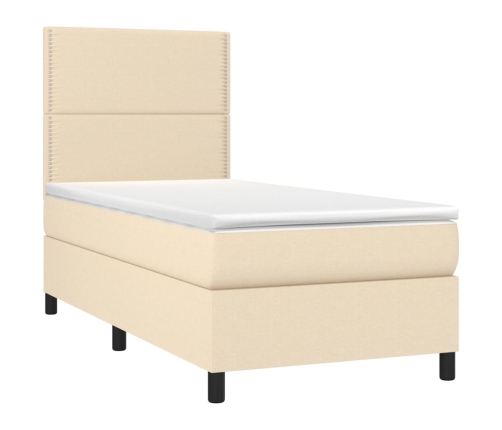 Cama box spring colchón y luces LED tela color crema 90x190 cm