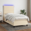 Cama box spring colchón y luces LED tela color crema 90x190 cm