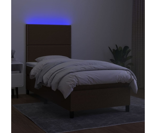 Cama box spring colchón y luces LED tela marrón oscuro 90x200cm