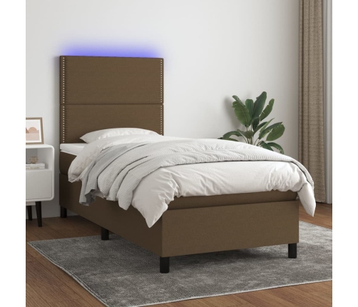 Cama box spring colchón y luces LED tela marrón oscuro 90x200cm