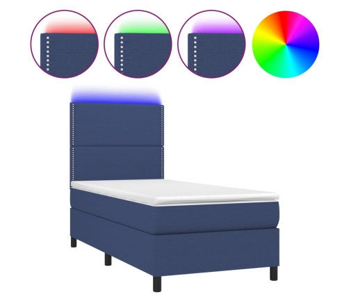 Cama box spring colchón y luces LED tela azul 90x200 cm