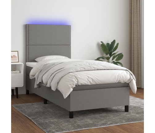 Cama box spring colchón y luces LED tela gris oscuro 100x200 cm