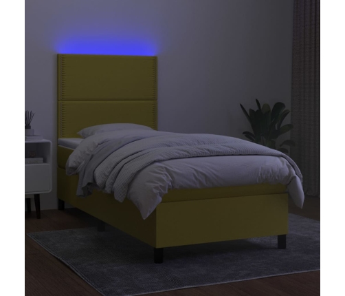 Cama box spring colchón y luces LED tela verde 100x200 cm