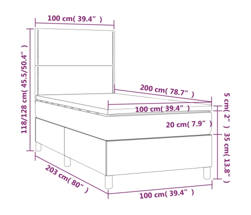 Cama box spring colchón y luces LED tela verde 100x200 cm