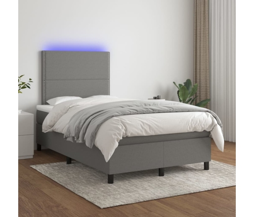 Cama box spring con colchón y LED tela gris oscuro 120x200 cm