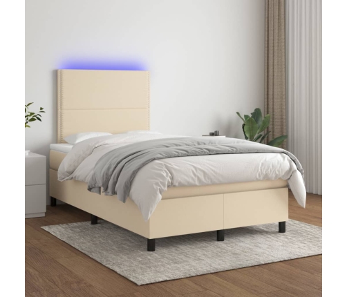 Cama box spring con colchón y LED tela crema 120x200 cm