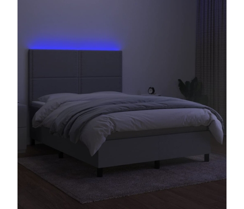 Cama box spring colchón y luces LED tela gris claro 140x190 cm