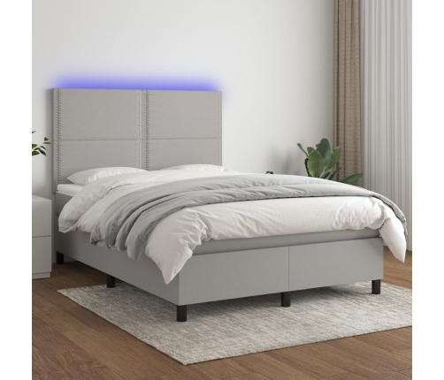 Cama box spring colchón y luces LED tela gris claro 140x190 cm