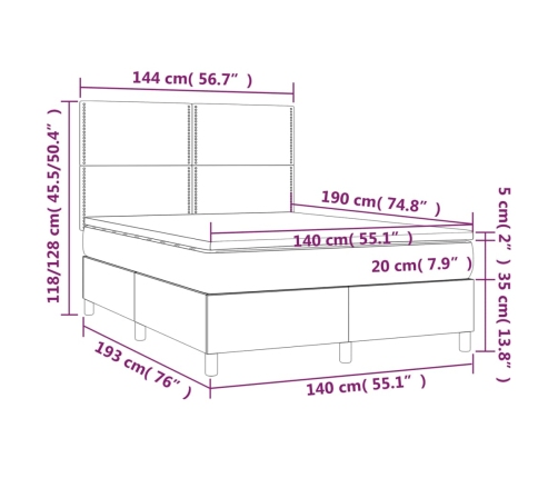 Cama box spring colchón y luces LED tela gris oscuro 140x190 cm