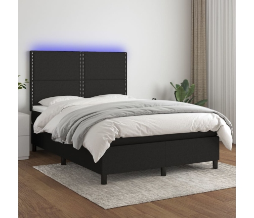 Cama box spring colchón y luces LED tela negro 140x190 cm