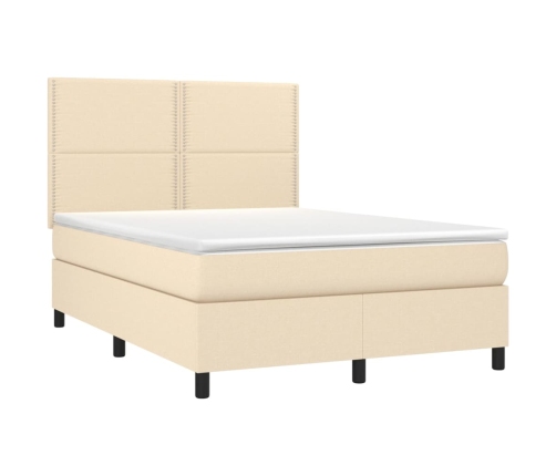 Cama box spring colchón y luces LED tela crema 140x190 cm