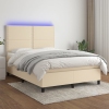 Cama box spring colchón y luces LED tela crema 140x190 cm