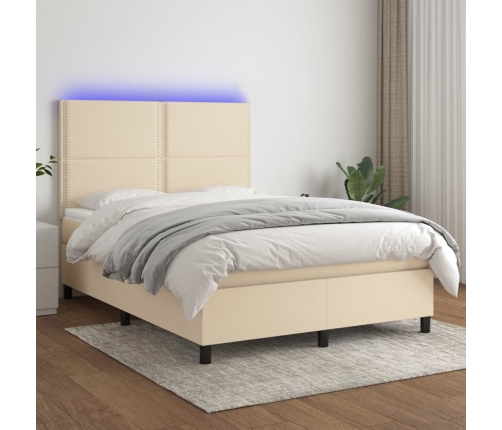 Cama box spring colchón y luces LED tela crema 140x190 cm