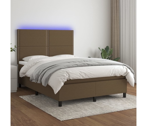 Cama box spring colchón luces LED tela marrón oscuro 140x200cm