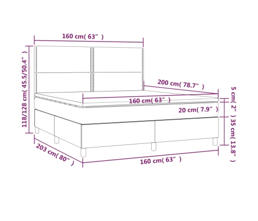 Cama box spring colchón y luces LED tela gris claro 160x200 cm