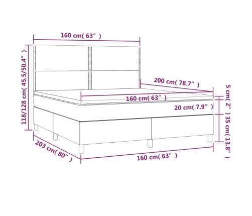 Cama box spring colchón y luces LED tela crema 160x200 cm