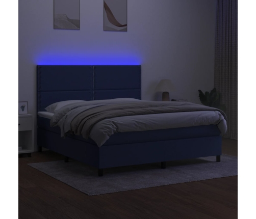 Cama box spring colchón y luces LED tela azul 160x200 cm