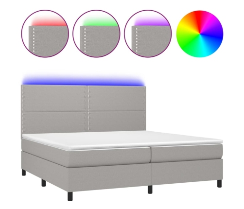 Cama box spring con colchón tela y LED gris claro 200x200 cm