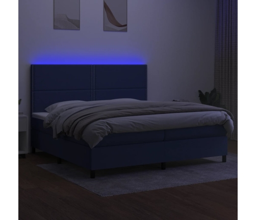 Cama box spring colchón y luces LED tela azul 200x200 cm