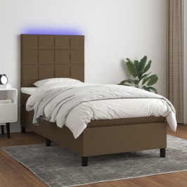 Cama box spring colchón y luces LED tela marrón oscuro 80x200cm