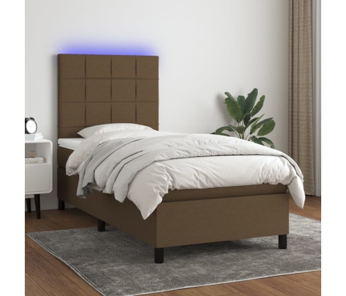 Cama box spring colchón y luces LED tela marrón oscuro 80x200cm