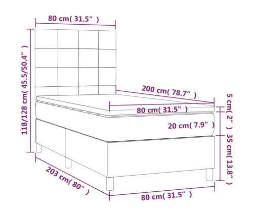 Cama box spring colchón y luces LED tela crema 80x200 cm