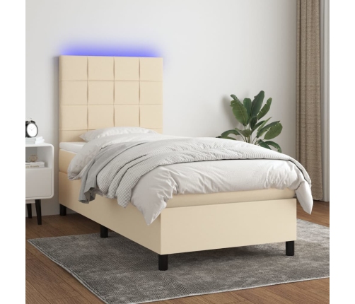 Cama box spring colchón y luces LED tela crema 80x200 cm