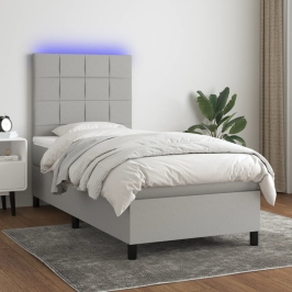 Cama box spring colchón y luces LED tela gris claro 90x190 cm