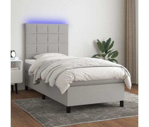 Cama box spring colchón y luces LED tela gris claro 90x190 cm