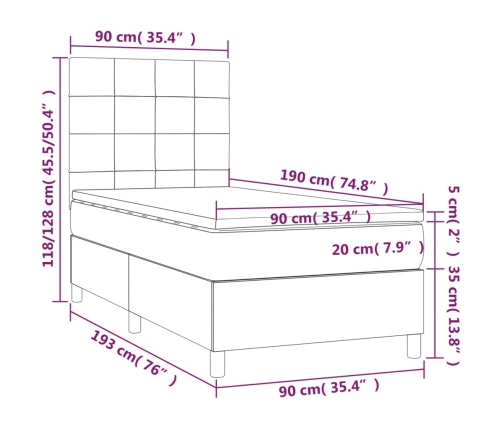 Cama box spring colchón y luces LED tela negro 90x190 cm