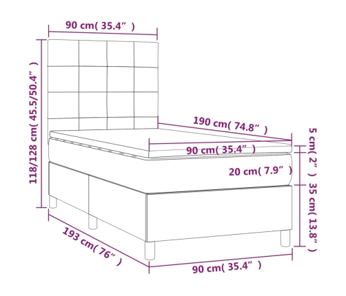 Cama box spring colchón y luces LED tela marrón oscuro 90x190cm