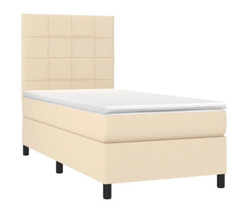 Cama box spring colchón y luces LED tela color crema 90x190 cm